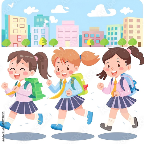 Happy Primary School Students Running in City