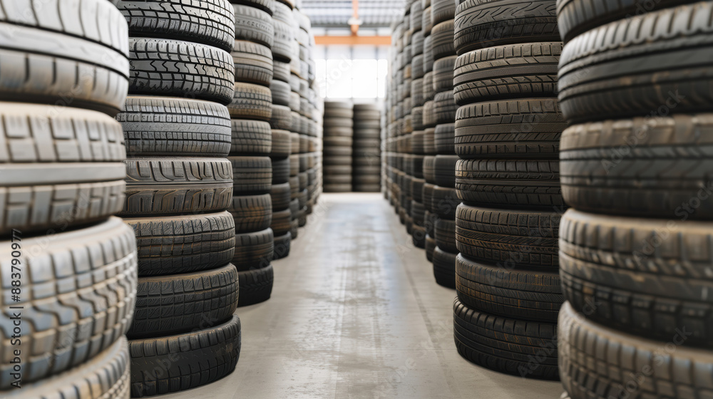 Rows of stacked tires in a warehouse, highlighting an organized and clean storage space, perfect for automotive business or commercial use. Rows of stacked tires in a warehouse, highlighting an organized and clean storage space, perfect for automotive business or commercial use.