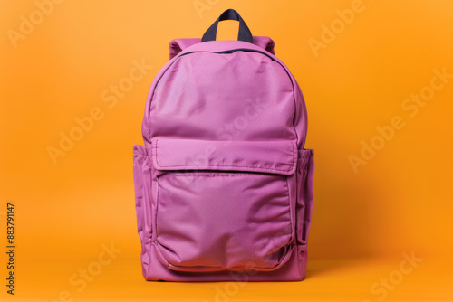 Vibrant purple backpack against a bright orange background, showcasing modern design and ample storage for school, travel, or everyday use.