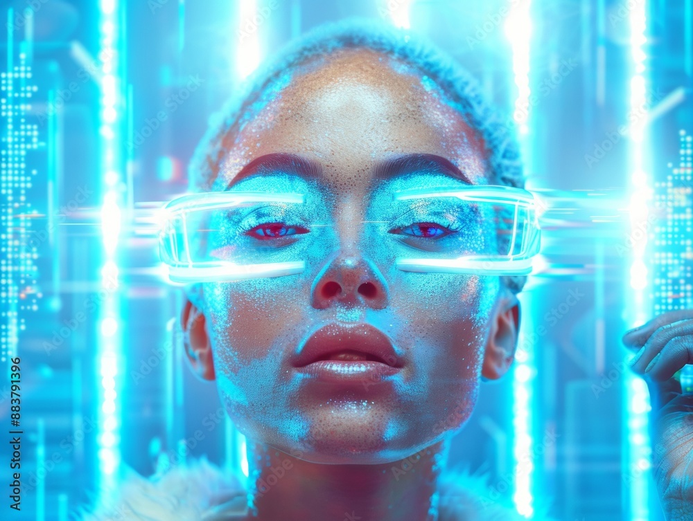 Futuristic Female Portrait with Prism Glow Makeup in Ambient Digital Wonderland: Holographic Highlights Against Cyber Background