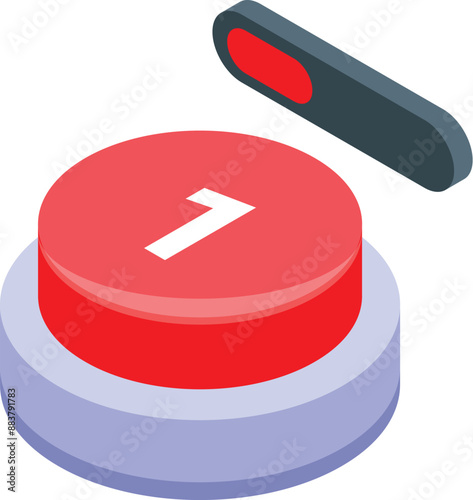 Isometric finger activating red button with number one symbolising start or activation concept