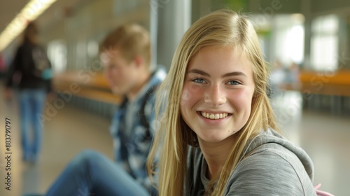 A cheerful teenage girl smiling in a school hallway, creating a friendly and positive atmosphere among students.