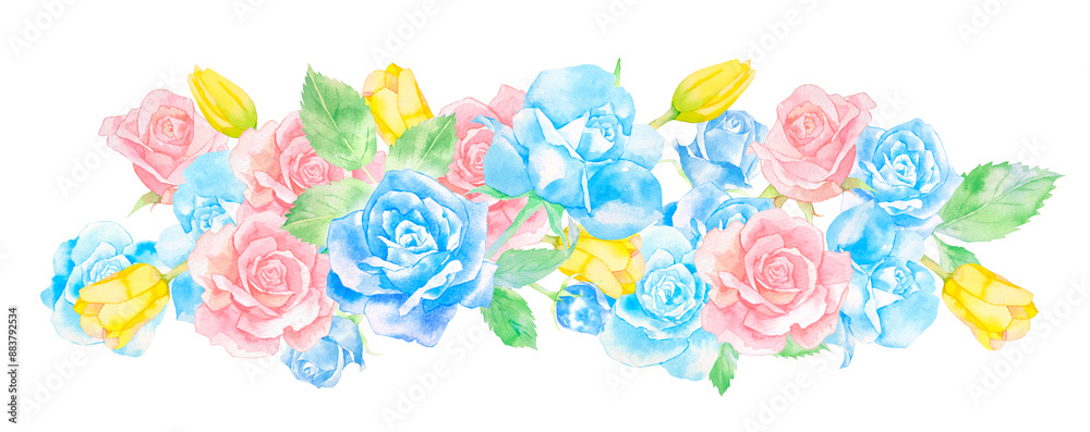 水彩で描いた美しい青とピンクのバラと黄色いチューリップのフラワーアレンジメントイラスト 水彩で描いた美しい青とピンクのバラと黄色いチューリップのフラワーアレンジメントイラスト