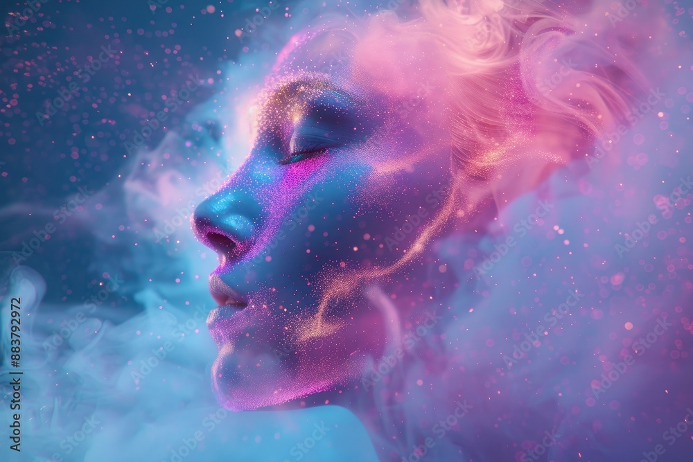 Dissolving Portrait A portrait dissolving into a cascade of neon pastel particles, capturing the impermanence of beauty Dissolving Portrait A portrait dissolving into a cascade of neon pastel particles, capturing the impermanence of beauty