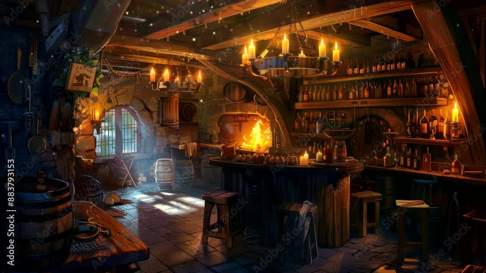 Rustic inn with wooden beams and stone walls illuminated by lanterns creating a cozy ambiance. Historic tavern concept Rustic inn with wooden beams and stone walls illuminated by lanterns creating a cozy ambiance. Historic tavern concept