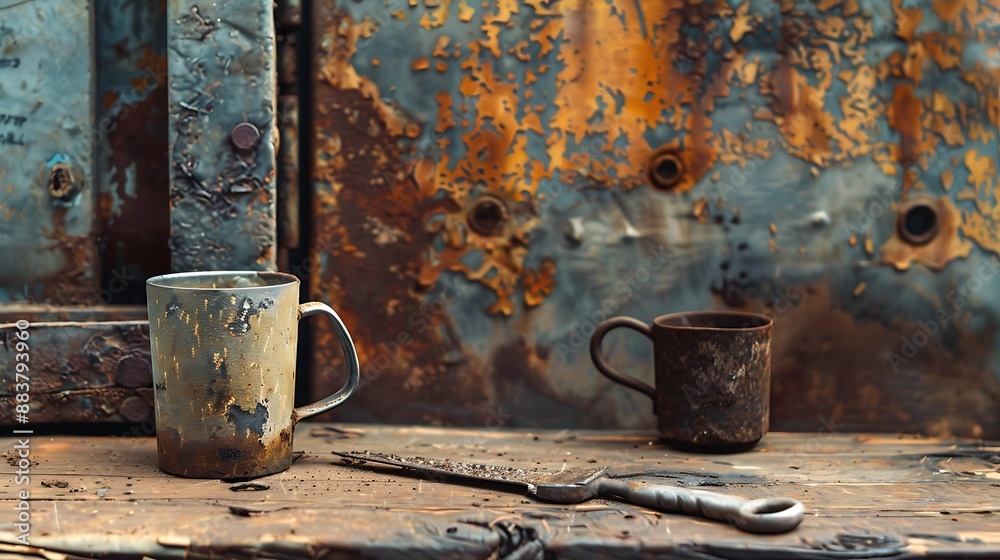 Coffee mug and pick set on an aged rusty backdrop