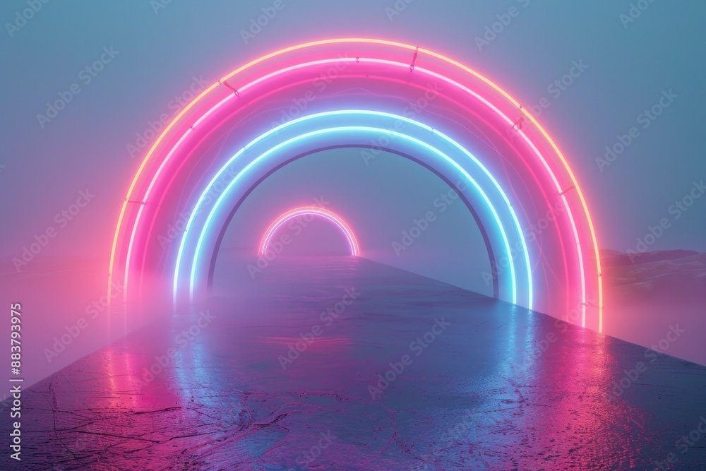 Neon Rainbow Bridge A majestic bridge formed by a neon rainbow, leading towards a heavenly realm bathed in soft pastel light Neon Rainbow Bridge A majestic bridge formed by a neon rainbow, leading towards a heavenly realm bathed in soft pastel light
