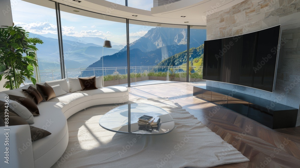Fototapeta premium A contemporary TV lounge with a curved TV
