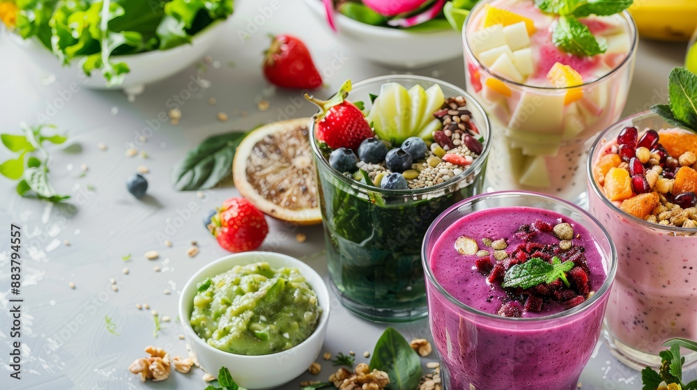 Delicious and Nutritious Array of Colorful Smoothies and Healthy Snacks Delicious and Nutritious Array of Colorful Smoothies and Healthy Snacks