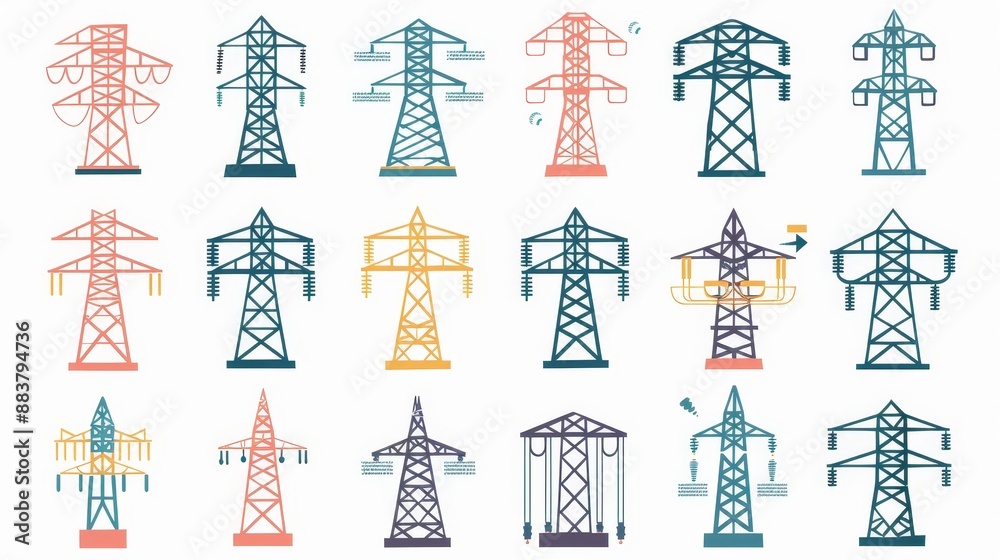 A collection of power lines with different colors and shapes A collection of power lines with different colors and shapes