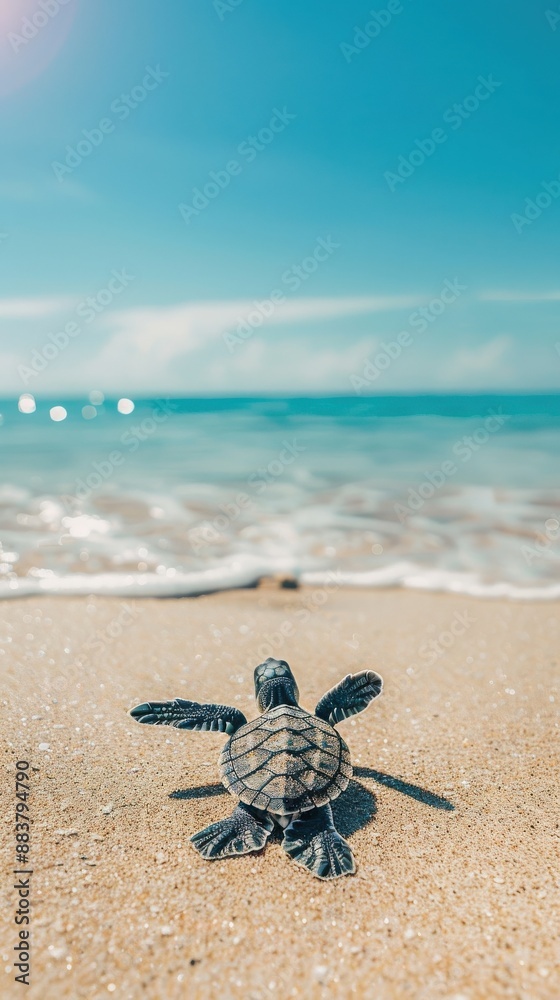 A baby sea turtle makes its way across the sandy beach towards the ocean under a bright blue sky on a sunny day. A baby sea turtle makes its way across the sandy beach towards the ocean under a bright blue sky on a sunny day.