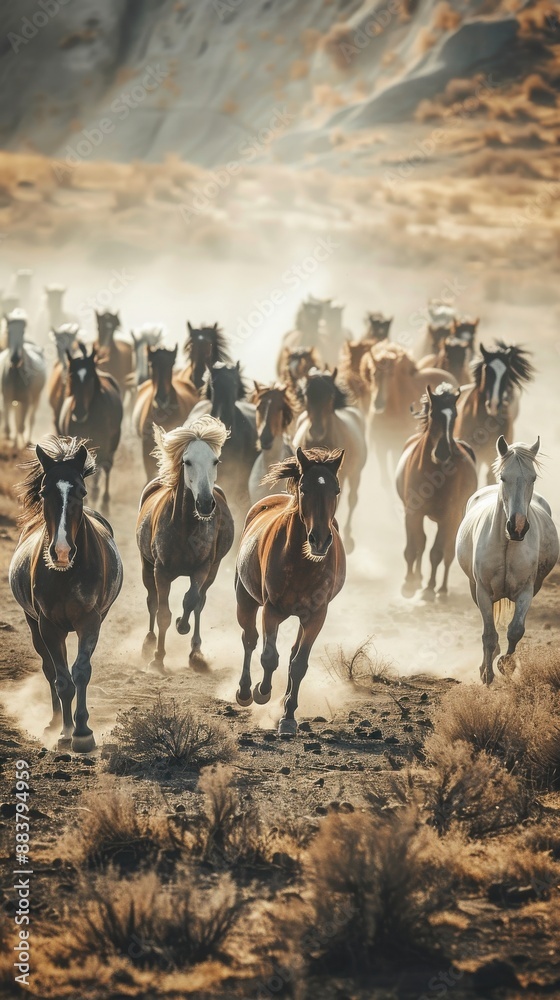 Obraz premium A herd of wild horses galloping through a dusty desert landscape, capturing the essence of untamed freedom and natural beauty.