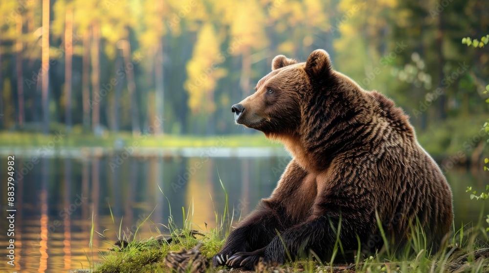 Obraz premium A majestic brown bear sits by a serene forest lake, with the sun casting a warm glow on its fur. Perfect for nature and wildlife themes.