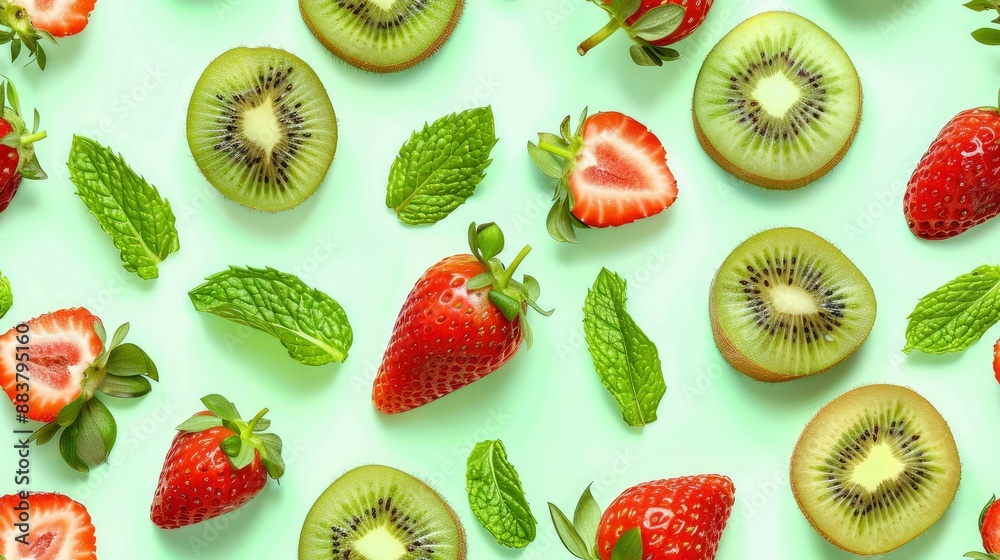 Fototapeta premium A vibrant pattern of kiwi slices, strawberries, and mint leaves on a light green background.