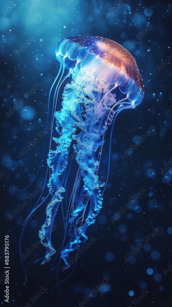 A stunning underwater shot of a glowing jellyfish illuminated by blue and cyan hues, surrounded by ethereal, shimmering light particles. A stunning underwater shot of a glowing jellyfish illuminated by blue and cyan hues, surrounded by ethereal, shimmering light particles.