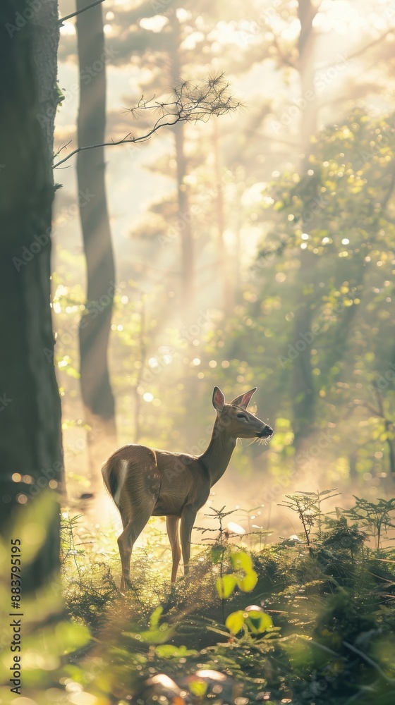 Fototapeta premium A tranquil forest scene with a deer standing amidst tall trees and golden sunlight filtering through the morning mist.