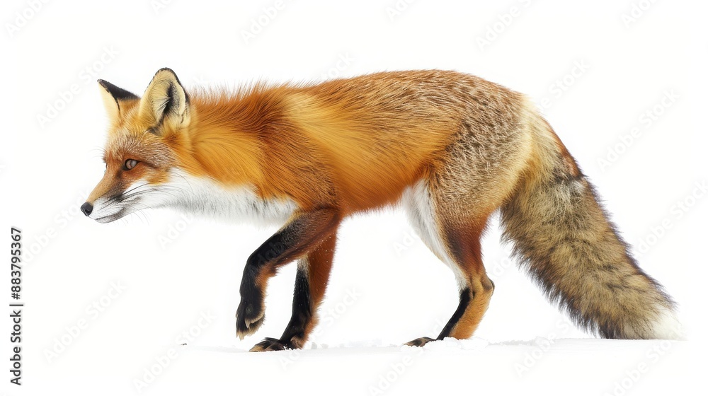 Fototapeta premium Captivating image of a red fox walking gracefully in the snow with its vibrant fur standing out against the white background.