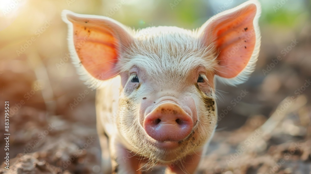 Close-up of a cute piglet standing in mud with sunlight in the background, emphasizing its pink snout and large ears. Close-up of a cute piglet standing in mud with sunlight in the background, emphasizing its pink snout and large ears.