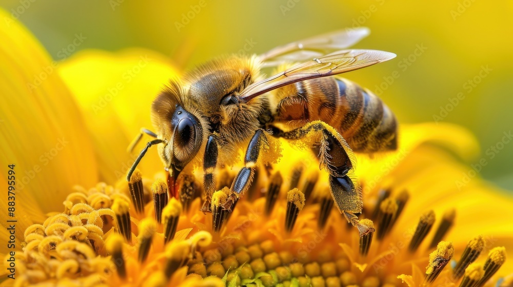 Fototapeta premium Close-up of a honeybee collecting pollen from a vibrant yellow flower. Detailed macro photography of nature's pollinator.