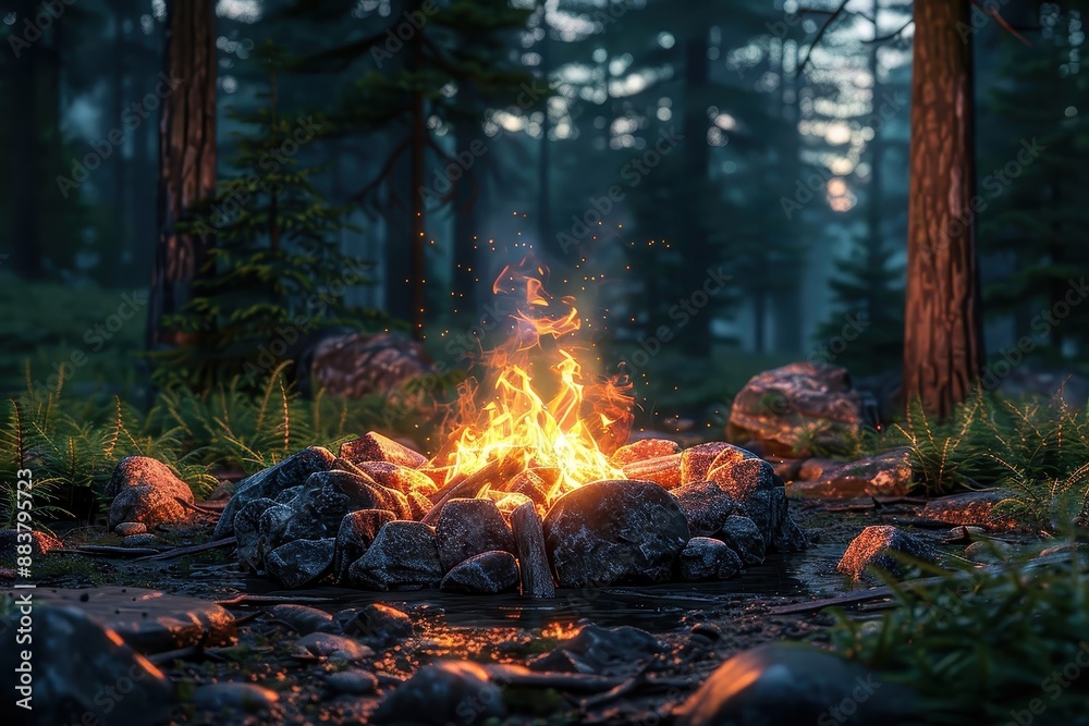Campfire burning in a dense forest. Campfire burning in a dense forest.