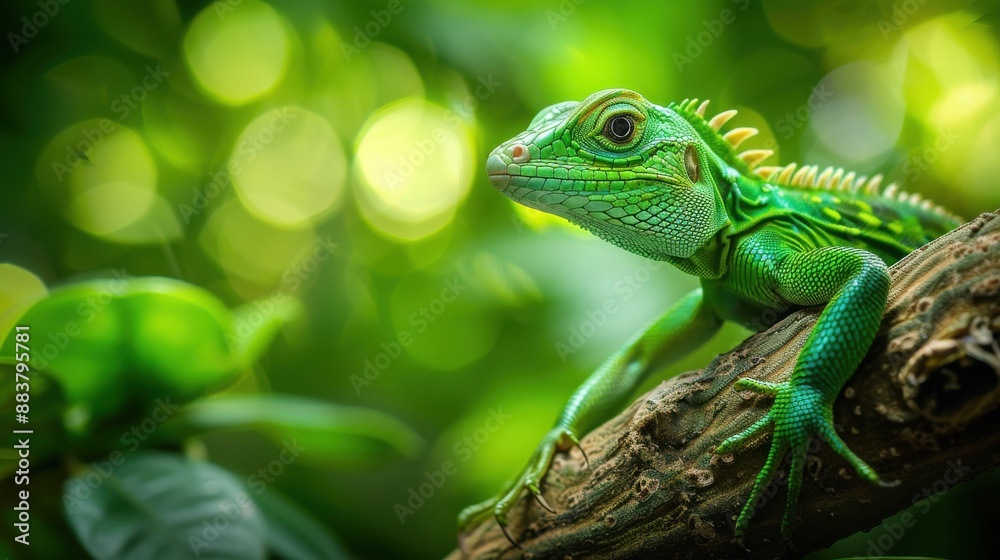 Obraz premium Close-up of a vibrant green lizard perched on a tree branch in a lush, natural habitat with a blurred background.