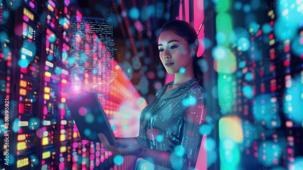 A woman in a server room surrounded by glowing lights, working on a laptop. A woman in a server room surrounded by glowing lights, working on a laptop.