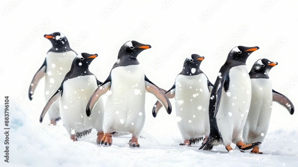 Obraz premium Group of penguins walking on snow in Antarctica with snowy landscape in the background. Nature and wildlife in their natural habitat.