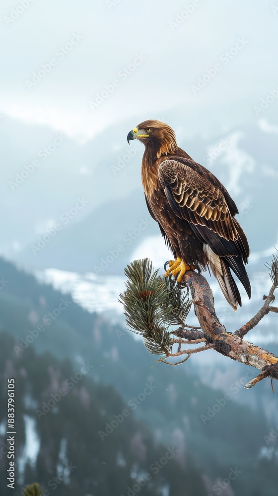 Fototapeta premium Golden eagle perched on a tree branch with a snowy mountain range in the background, symbolizing strength and majesty.