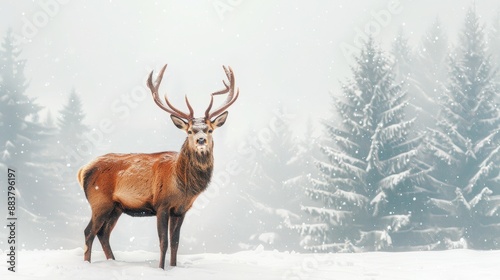 Majestic deer with impressive antlers standing in a snow-covered forest with fir trees in the background during winter.