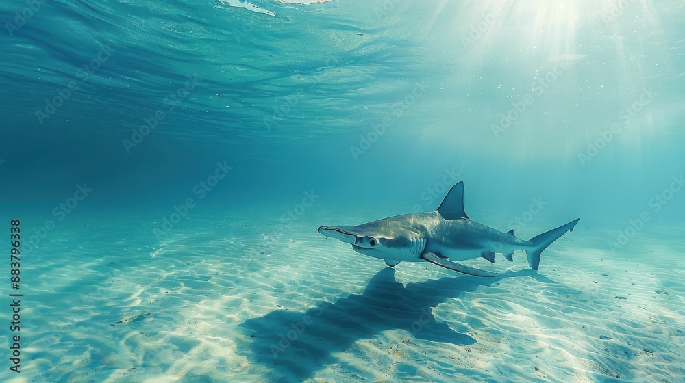 Majestic shark swimming in clear blue ocean water with sunlight streaming down, casting shadows on the sandy ocean floor. Majestic shark swimming in clear blue ocean water with sunlight streaming down, casting shadows on the sandy ocean floor.