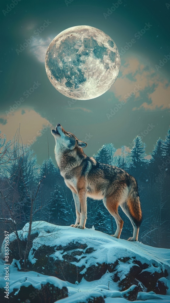 Majestic wolf howling at the full moon in a snowy forest, surrounded by dark trees and an enchanting night sky. Majestic wolf howling at the full moon in a snowy forest, surrounded by dark trees and an enchanting night sky.