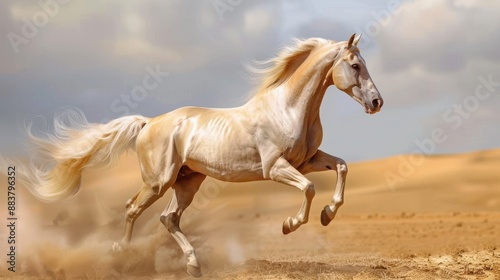 Majestic white horse galloping through the desert with powerful strides, capturing the essence of freedom and strength.