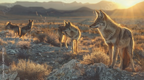 Pack of wild coyotes in a desert landscape at sunset, showcasing natural wildlife behavior and scenic terrain. photo