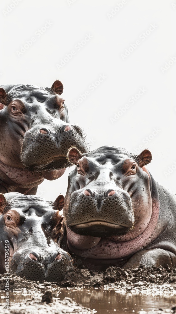Three hippos resting together in a muddy pool, showcasing their massive bodies and unique features against a white background. Three hippos resting together in a muddy pool, showcasing their massive bodies and unique features against a white background.