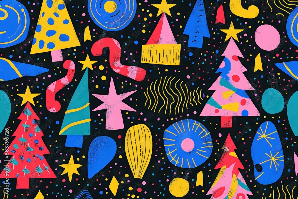 Abstract Christmas tree pattern with colorful shapes and stars on a black background. Abstract Christmas tree pattern with colorful shapes and stars on a black background.