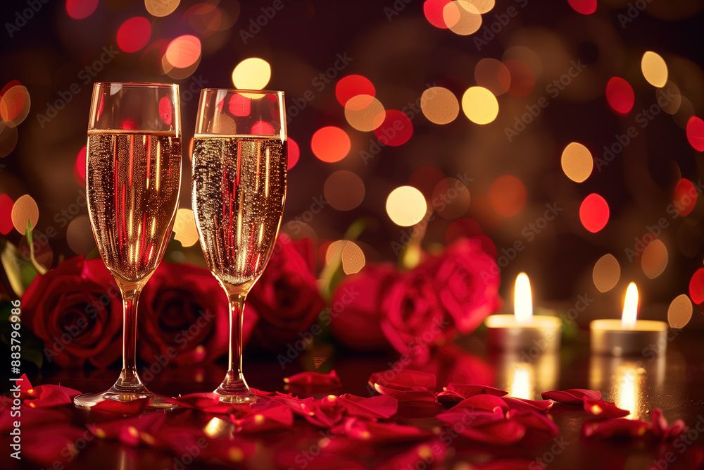 Romantic Candlelit Evening with Two Champagne Glasses and Red Roses Romantic Candlelit Evening with Two Champagne Glasses and Red Roses