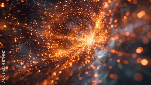 Cosmic Vortex, swirling orange luminescent particles converge into a bright central point against a dark backdrop, resembling a tunnel through space.