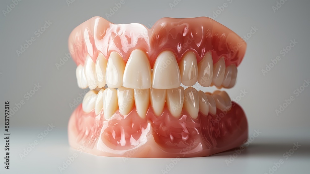 Dental model display, detailed close-up of artificial teeth and gums, showcasing realistic oral anatomy with lifelike texture and color Dental model display, detailed close-up of artificial teeth and gums, showcasing realistic oral anatomy with lifelike texture and color