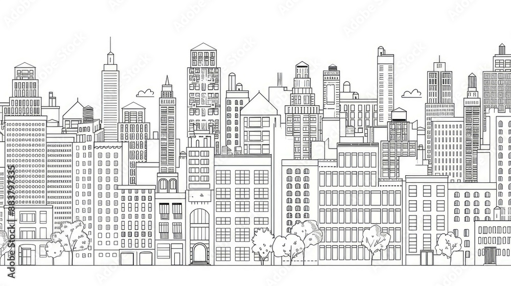 Black and white line art cityscape with trees. Black and white line art cityscape with trees.