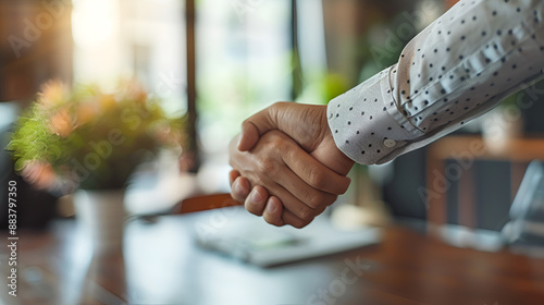 Close up of business handshake in the office copy space. Generative AI