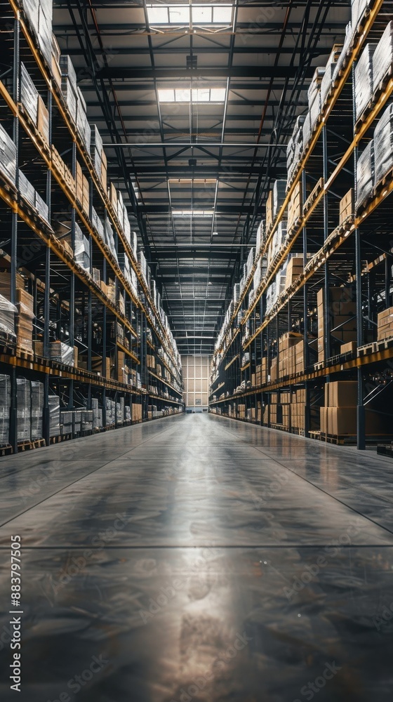 Obraz premium A large, well-organized warehouse with tall shelves filled with neatly stacked boxes and goods, captured in a bright, spacious environment.
