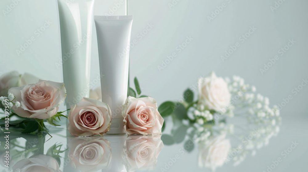 Cream tube and pink roses on mirrored surface with white cream Cream tube and pink roses on mirrored surface with white cream