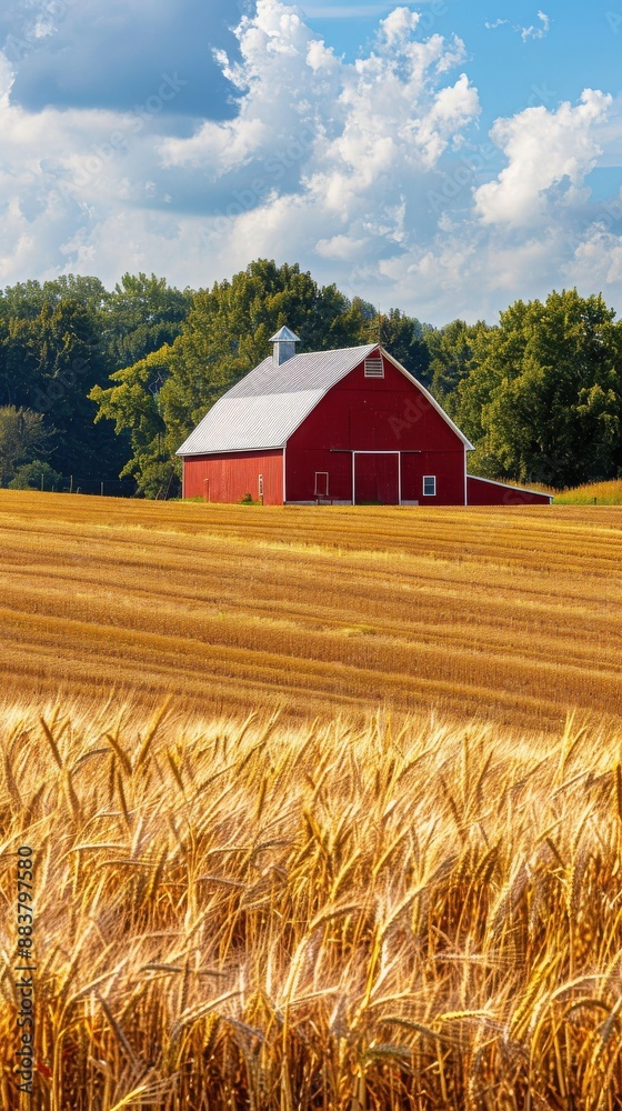 A serene countryside scene featuring a red barn amidst golden wheat fields under a bright blue sky with fluffy white clouds. A serene countryside scene featuring a red barn amidst golden wheat fields under a bright blue sky with fluffy white clouds.