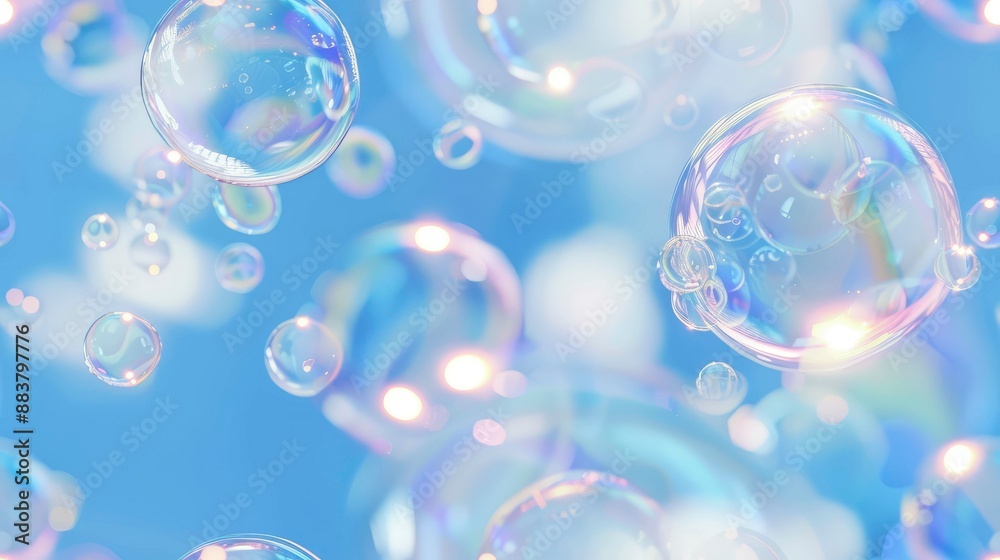 Close-up of iridescent soap bubbles against a blue sky. Close-up of iridescent soap bubbles against a blue sky.