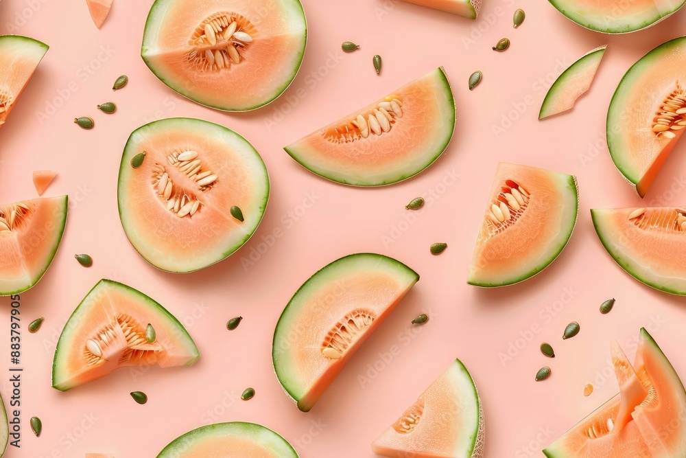Close-up of melon slices and seeds on a pink background. Close-up of melon slices and seeds on a pink background.