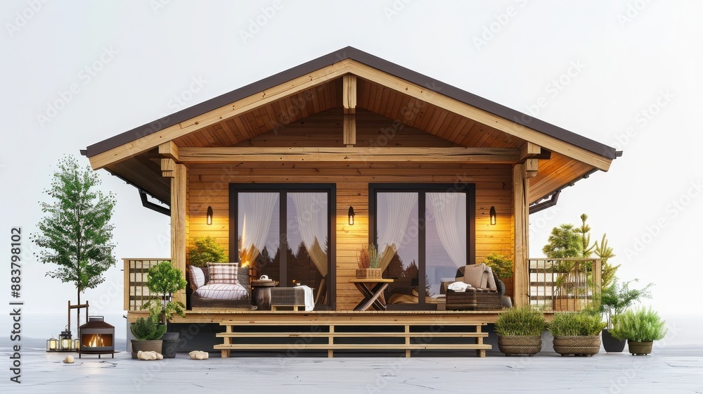 Cozy modern cabin in nature with plants and trees on the front porch, perfect for a relaxing retreat or vacation getaway. Cozy modern cabin in nature with plants and trees on the front porch, perfect for a relaxing retreat or vacation getaway.