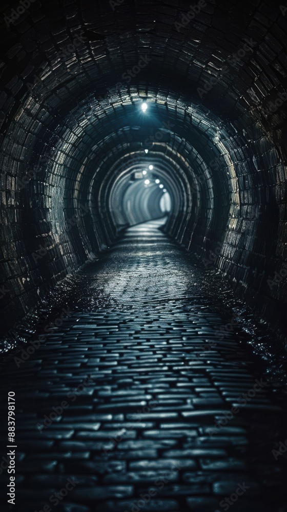 Obraz premium Dimly lit underground tunnel with a cobblestone pathway. Eerie and mysterious atmosphere with arched brick walls creating a sense of depth.