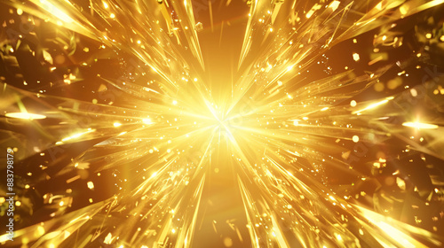 Luxurious golden glowing background with symmetrical crystal shapes and light rays