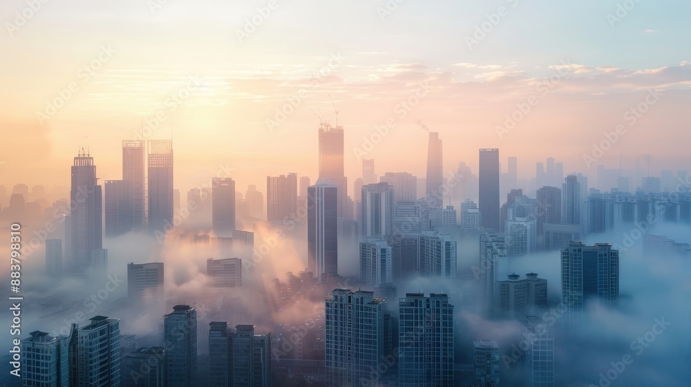 Foggy morning skyscrapers, modern cityscape silhouetted by sunrise, urban architecture in misty landscape. Foggy morning skyscrapers, modern cityscape silhouetted by sunrise, urban architecture in misty landscape.