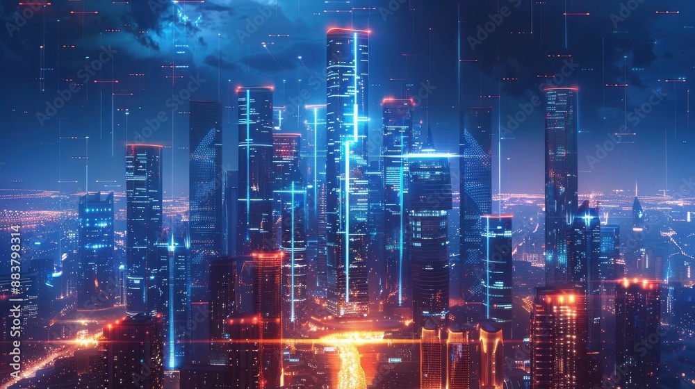 Naklejka premium Futuristic cityscape at night with glowing neon lights and towering skyscrapers, depicting a high-tech urban landscape.